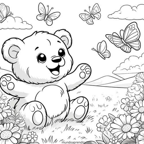 Oso bebé jugando con mariposas