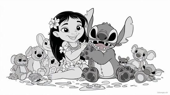 Lilo y Stitch jugando con peluches