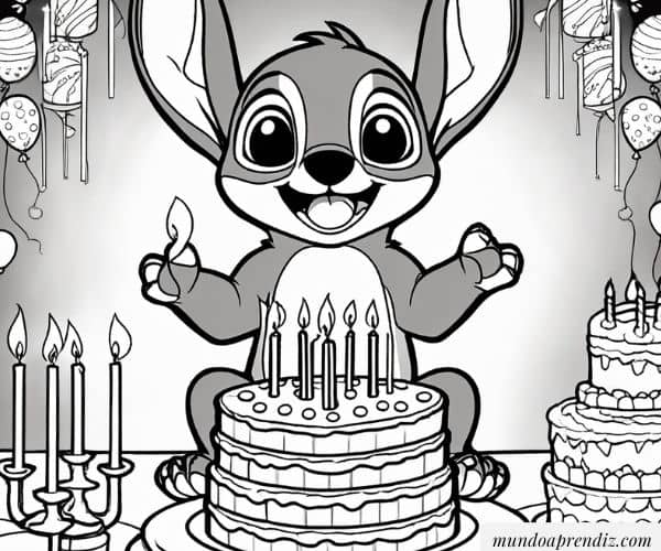 Stitch y pastel de cumpleaños