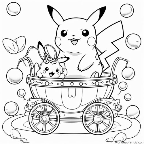 Pikachu y un Eevee montados en carrusel