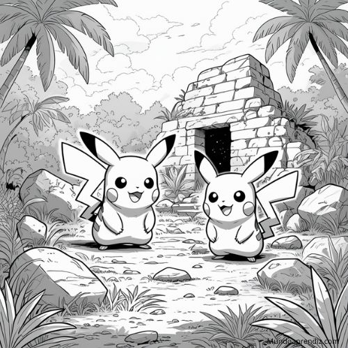 Pikachu y un Rowlet en antiguas ruinas