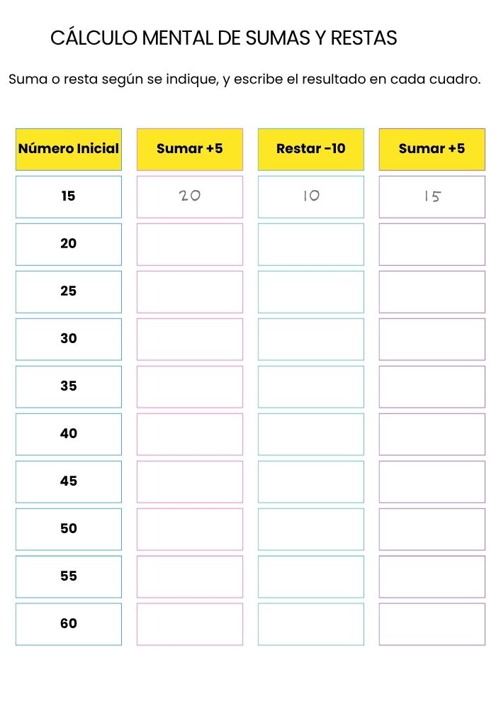 calculo mental de sumas y restas