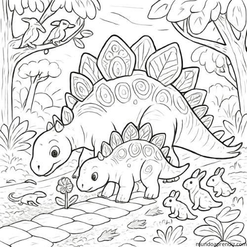 Bebé Stegosaurus con su mamá para colorear