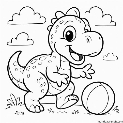 Dinosaurio jugando con una pelota para colorear