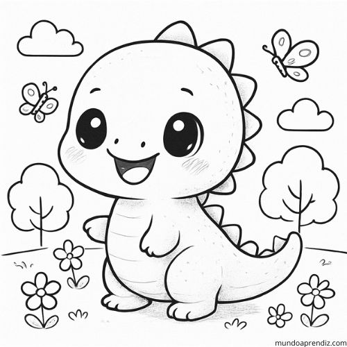 Dinosaurio kawaii en paisaje para colorear