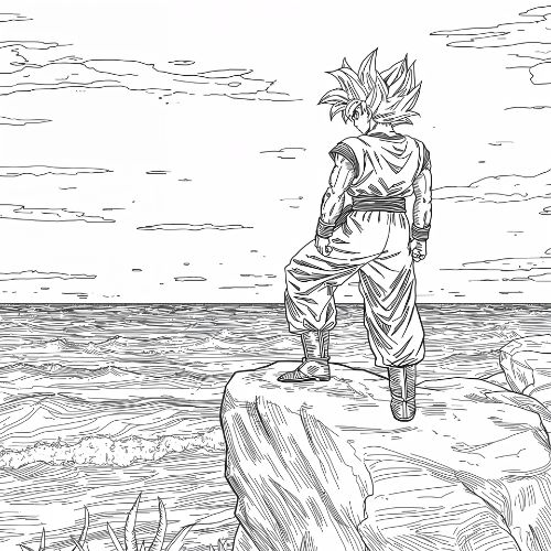 Goku Ultra Instinto sobre una roca