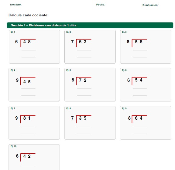 ejercicios de divisiones de una cifra