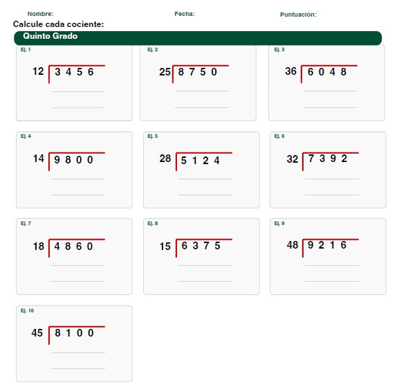 ejercicios de divisiones para quinto grado
